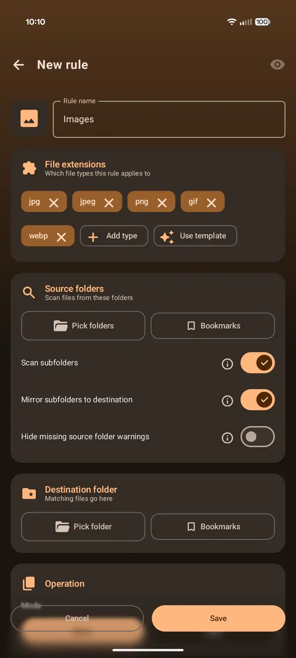 The rule editor sets source folders, filters, destination, and more in one screen.