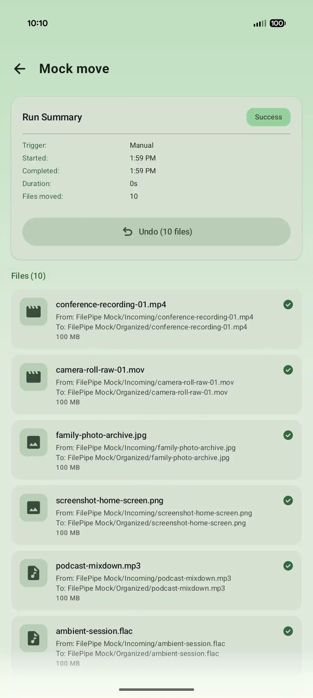 Run history logs moved/copied files and keeps undo close by.
