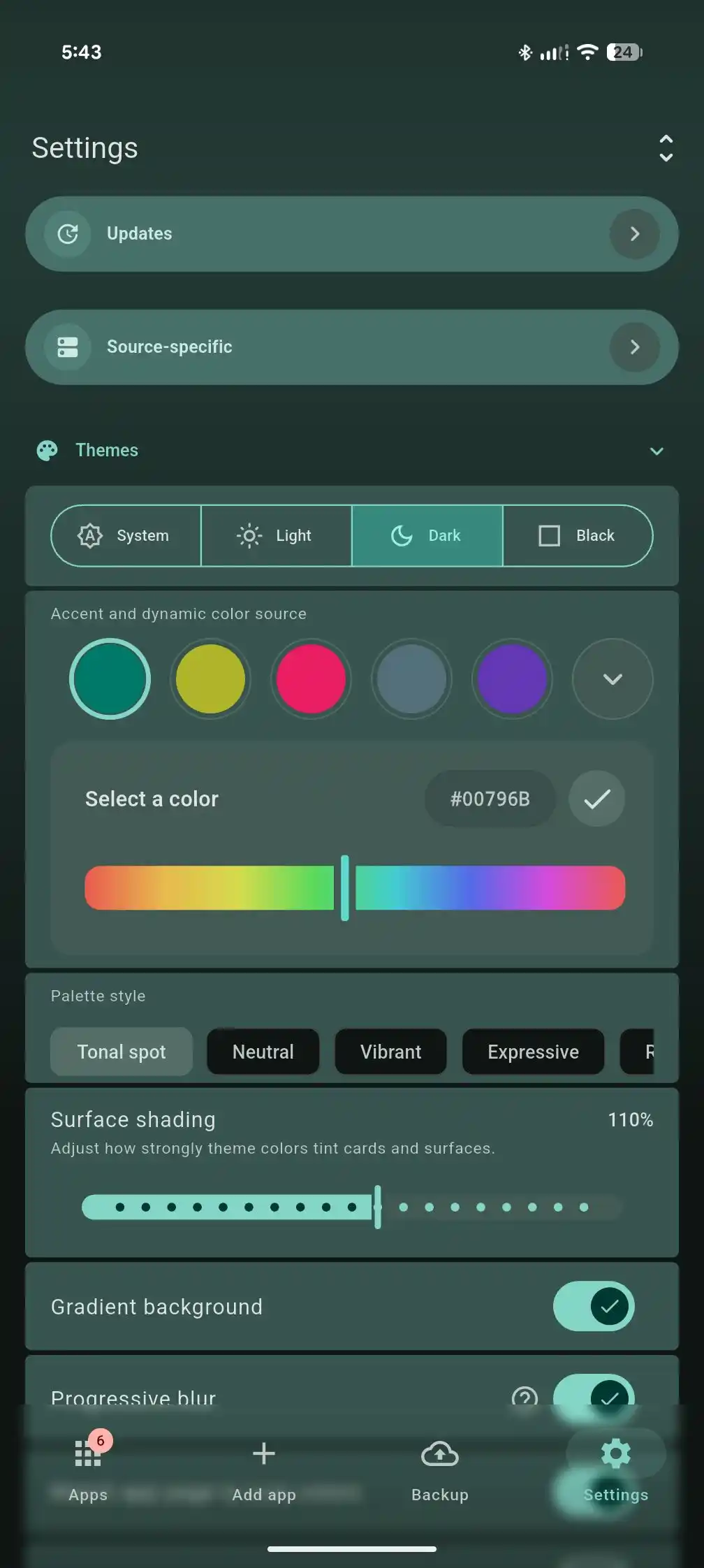Settings collect update checks, installers, backups, and app behavior.