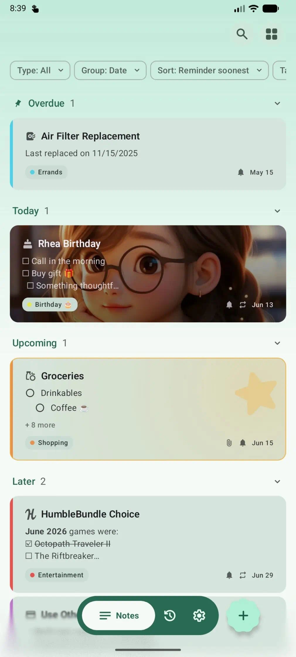 Home Page: All notes, sorted the way you choose