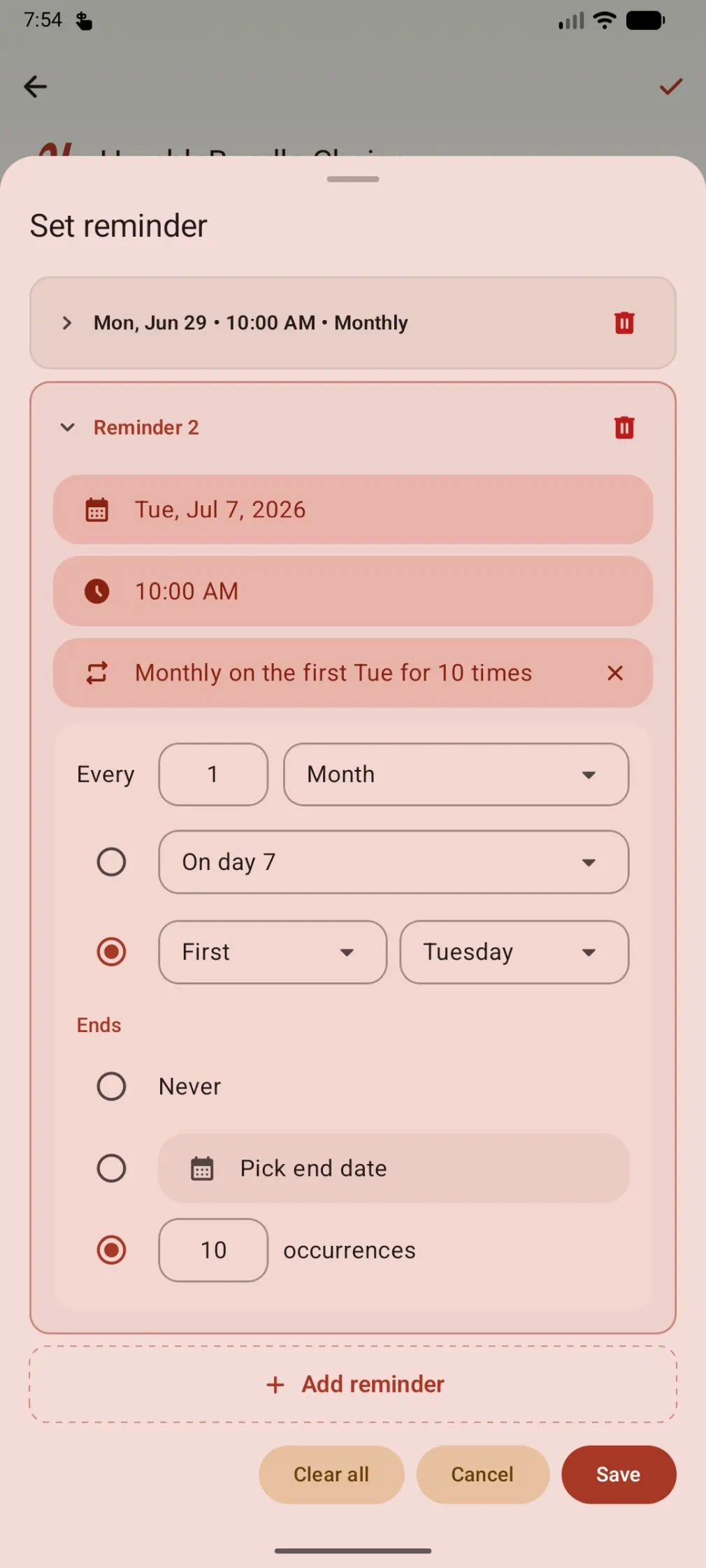Extensive flexibility in setting recurring reminders
